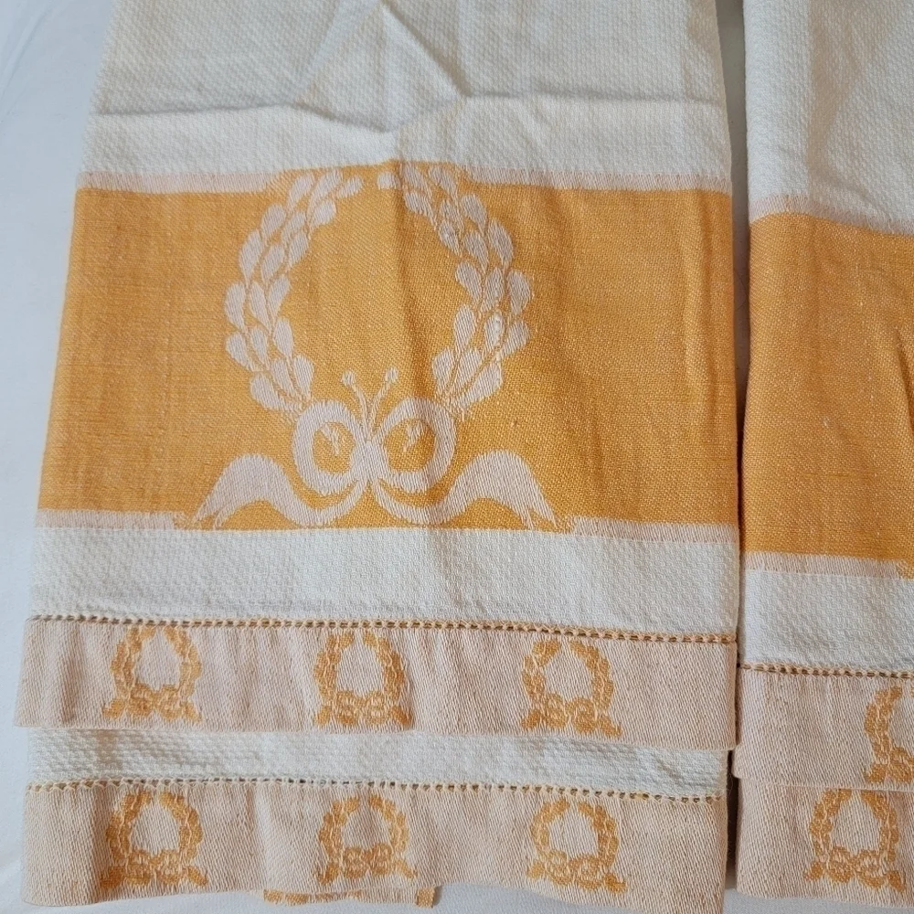 Vintage 50's Woven Tea Towels Jacquard Wreath Bow Ivory Orange Bundle 2 Linen